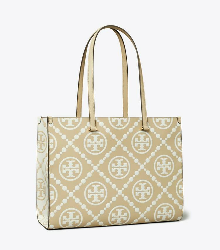 Beige Tote Bags T Monogram Contrast Embossed Tote Women Tory Burch