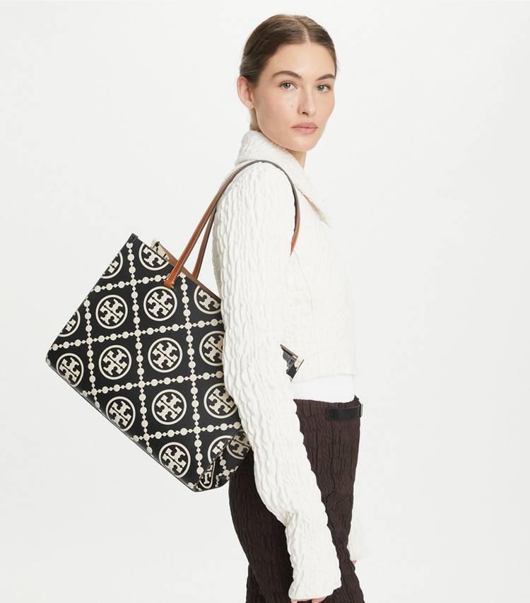 Black/White Tory Burch T Monogram Contrast Embossed Tote Women Tote Bags - Image 2