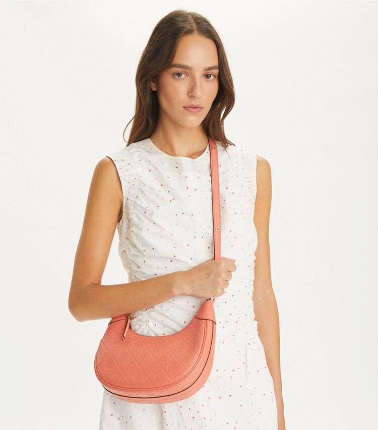 Coral Crush T Monogram Leather Crescent Bag Tory Burch Women Shoulder Bags - Image 3