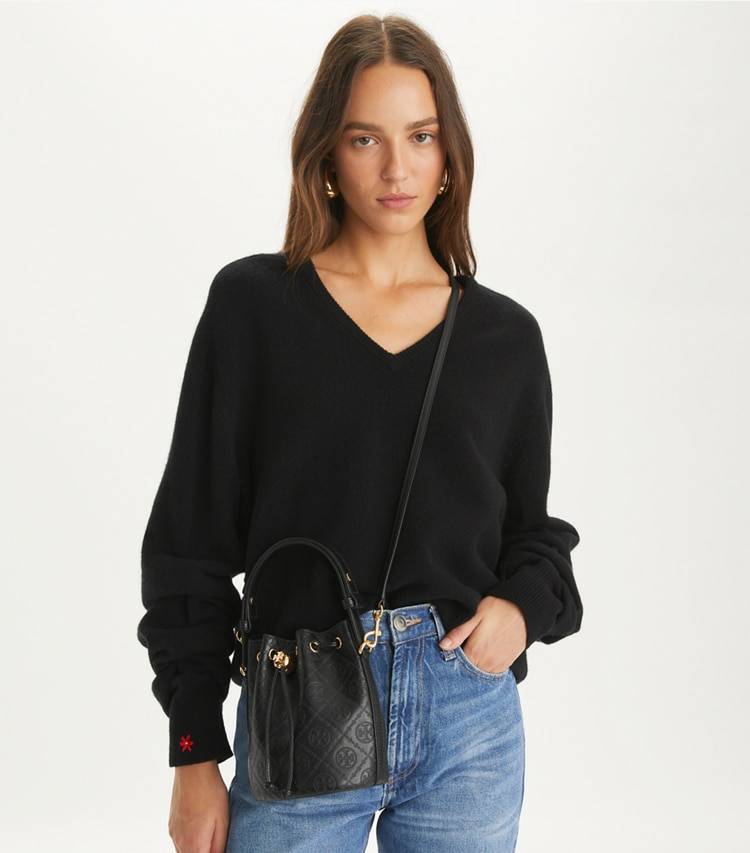 Crossbody Bags Tory Burch Black T Monogram Leather Mini Bucket Bag Women - Image 2