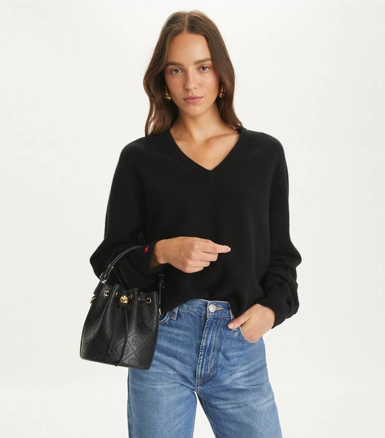 Crossbody Bags Tory Burch Black T Monogram Leather Mini Bucket Bag Women - Image 3