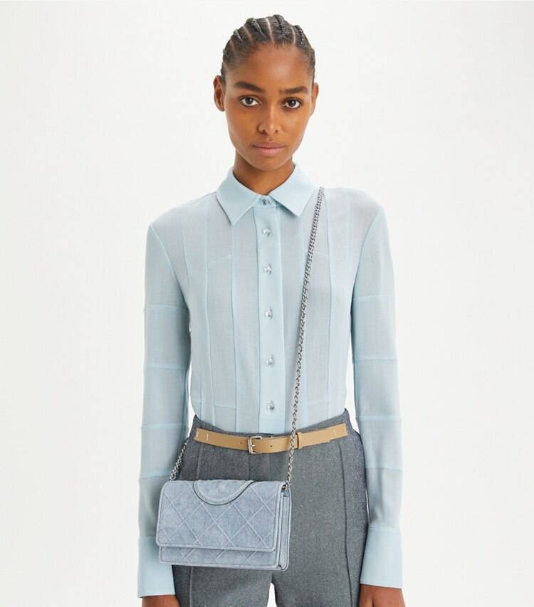 Fleming Denim-Print Suede Crossbody Women Mini Bags Denim Tory Burch - Image 2
