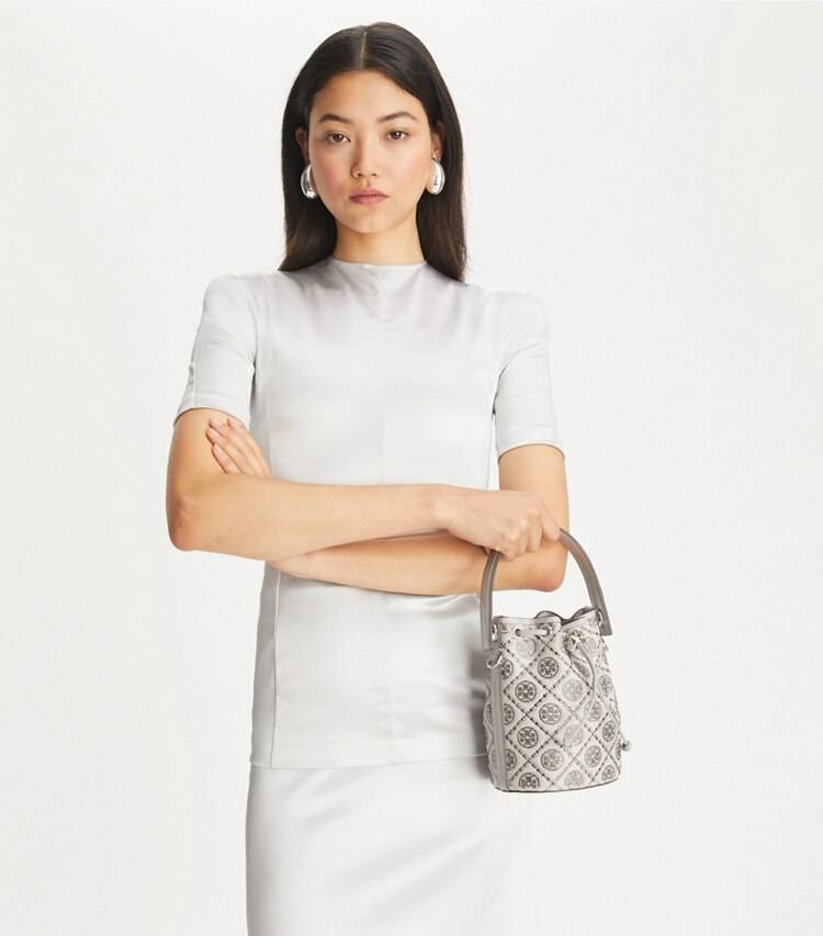 Gray Crossbody Bags Women T Monogram Embellished Mini Bucket Bag Tory Burch - Image 3
