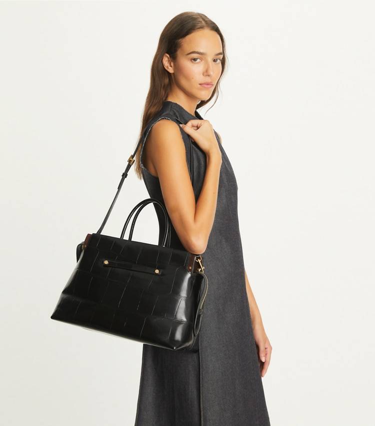 Large Mercer Croc Embossed Satchel Black Women Tory Burch Satchels - Image 2