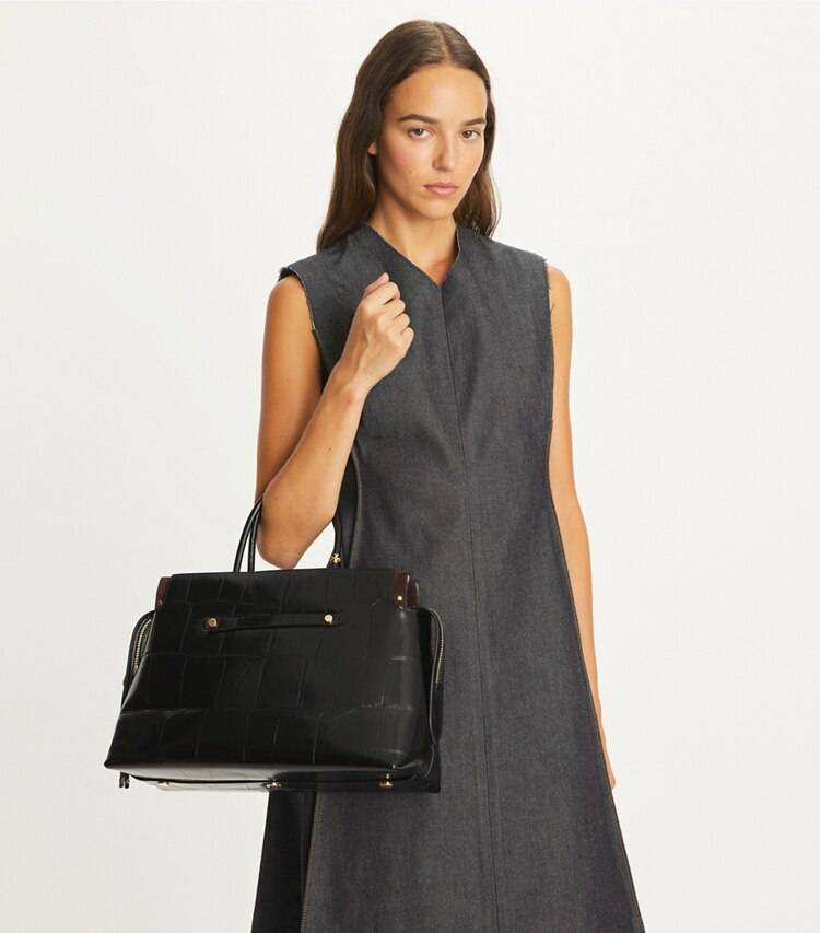 Large Mercer Croc Embossed Satchel Black Women Tory Burch Satchels - Image 3