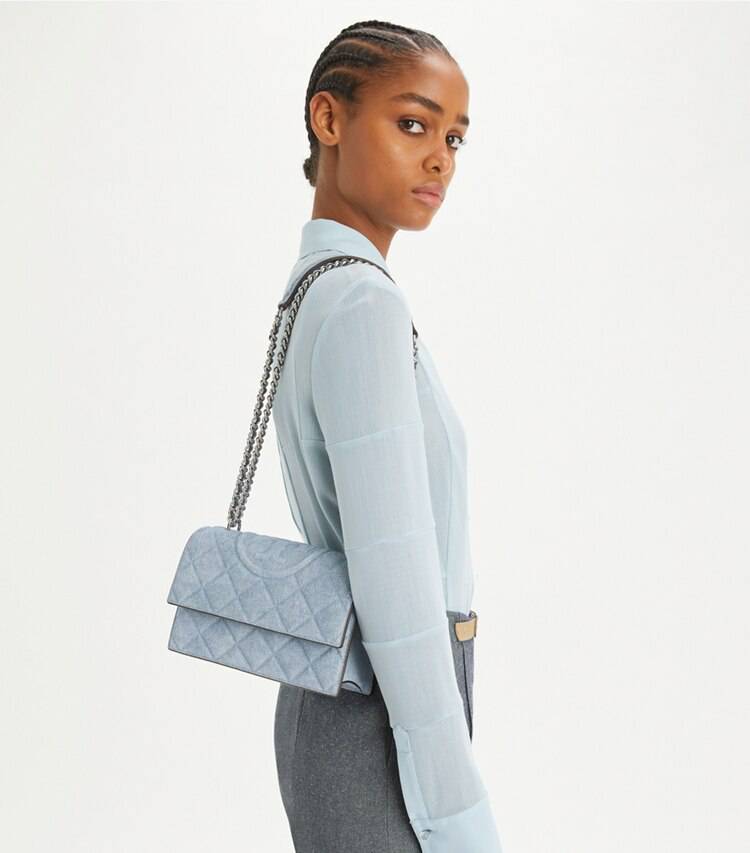 Medium Wash Denim Women Shoulder Bags Tory Burch Small Fleming Denim-Print Suede Shoulder Bag - Image 2