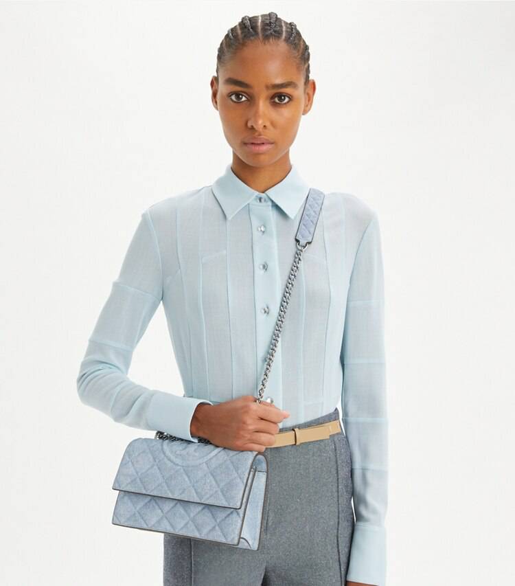 Medium Wash Denim Women Shoulder Bags Tory Burch Small Fleming Denim-Print Suede Shoulder Bag - Image 3