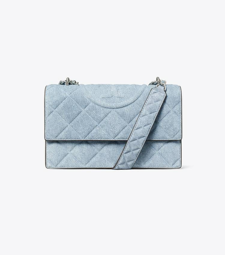Medium Wash Denim Women Shoulder Bags Tory Burch Small Fleming Denim-Print Suede Shoulder Bag - Image 4