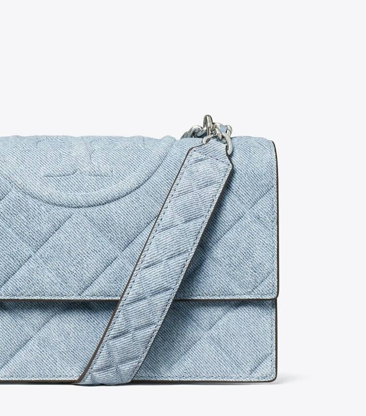 Medium Wash Denim Women Shoulder Bags Tory Burch Small Fleming Denim-Print Suede Shoulder Bag - Image 5