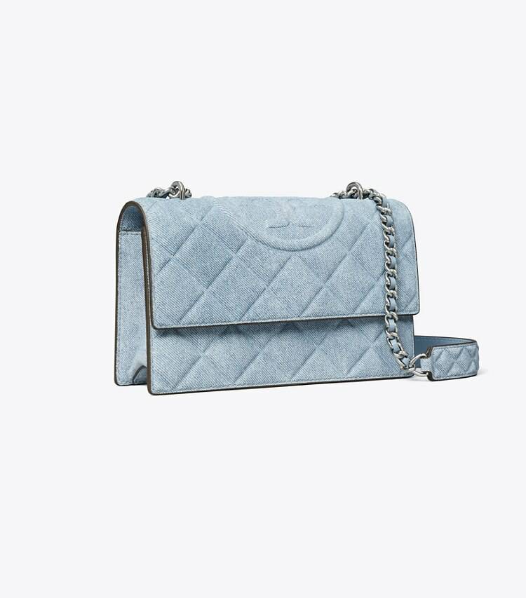 Medium Wash Denim Women Shoulder Bags Tory Burch Small Fleming Denim-Print Suede Shoulder Bag
