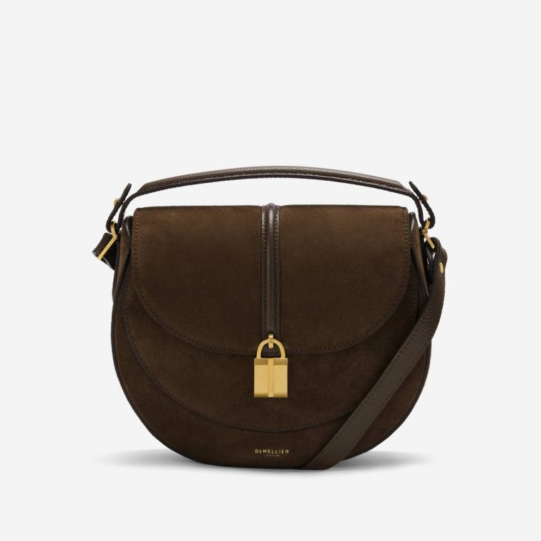 Mocha Suede & Mocha Small Grain Women Crossbody Bags Demellier The Siena Saddle