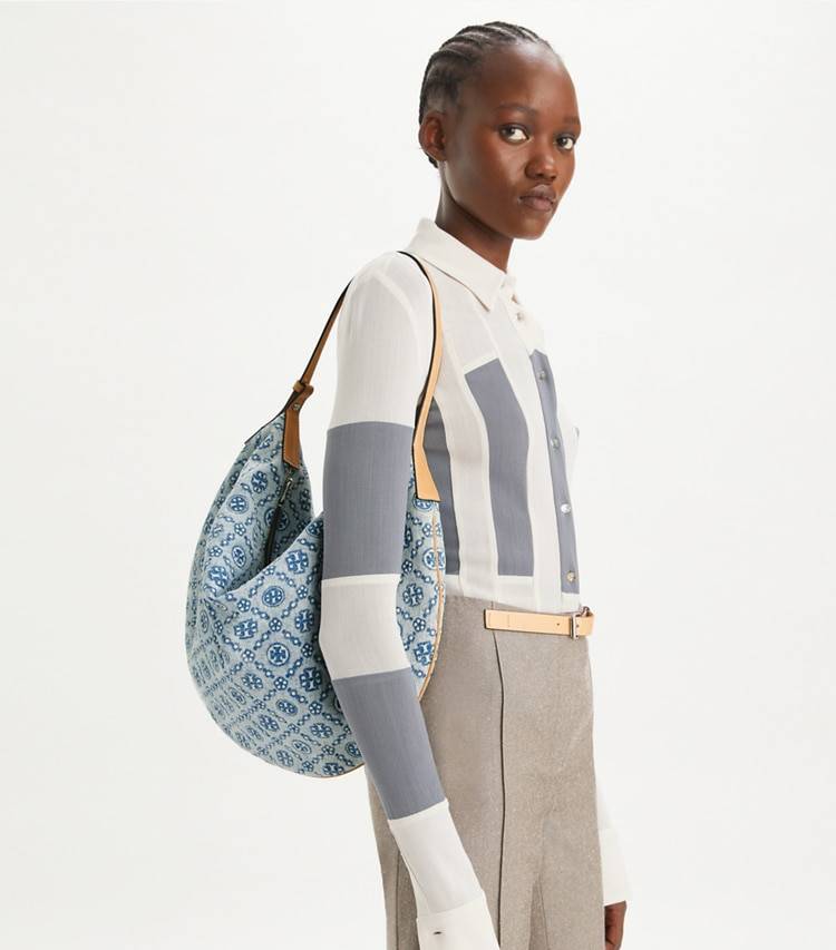 Powder Blue Tory Burch Women Hobo Bags T Monogram Denim Balloon Bag - Image 2