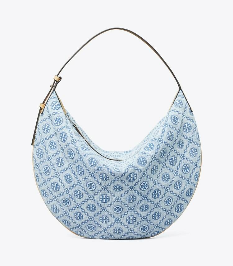 Powder Blue Tory Burch Women Hobo Bags T Monogram Denim Balloon Bag - Image 3