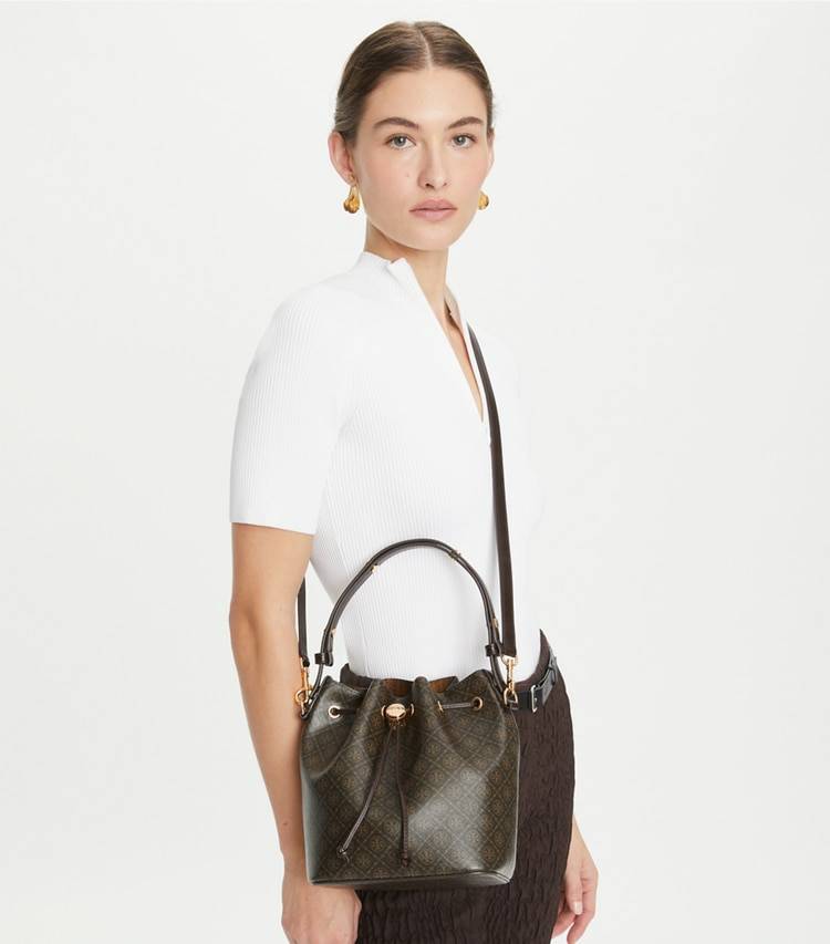 T Monogram Coated Canvas Bucket Bag Tory Burch French Press Women Crossbody Bags - Image 2