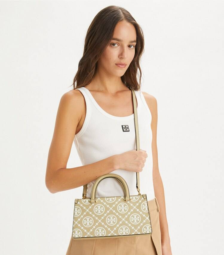 T Monogram Contrast Embossed Small East-West Tote Women Satchels Tory Burch Beige - Image 2