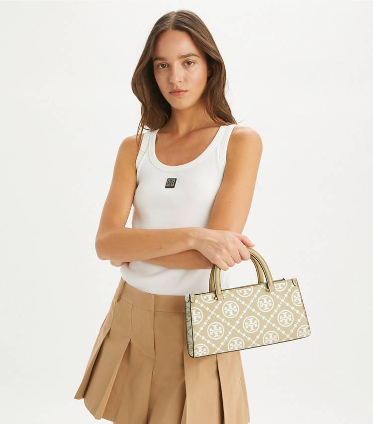 T Monogram Contrast Embossed Small East-West Tote Women Satchels Tory Burch Beige - Image 3