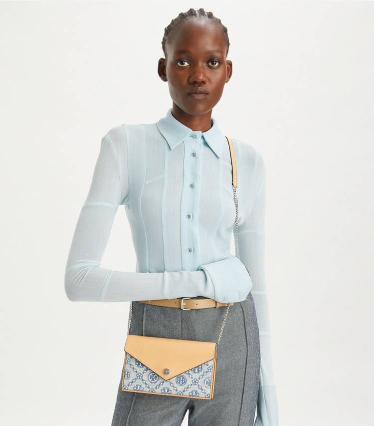 T Monogram Denim Envelope Chain Wallet Tory Burch Women Mini Bags Seltzer - Image 2