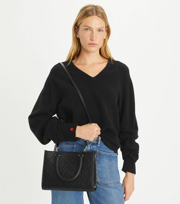 T Monogram Top-Handle Embossed Tote Black Women Tory Burch Tote Bags - Image 2
