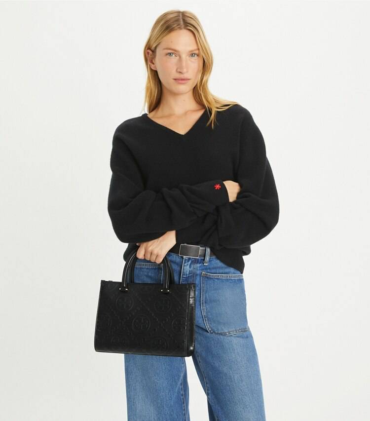 T Monogram Top-Handle Embossed Tote Black Women Tory Burch Tote Bags - Image 3
