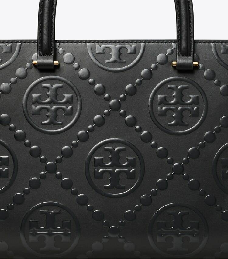 T Monogram Top-Handle Embossed Tote Black Women Tory Burch Tote Bags - Image 5