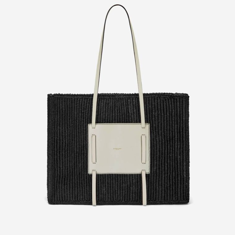 The Large Capri Women Black Raffia & Off-White Smooth Shoulder Bags Demellier