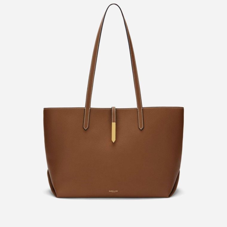 The Tokyo Tote Demellier Women Shoulder Bags Tan Small Grain Ecru Stitching