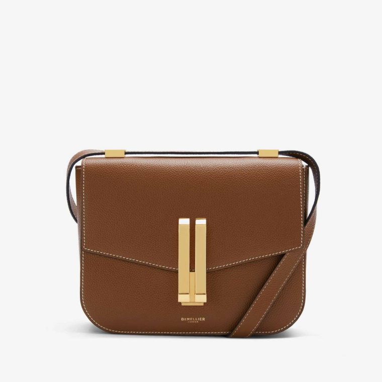 The Vancouver Women Demellier Tan Small Grain Ecru Stitching Crossbody Bags