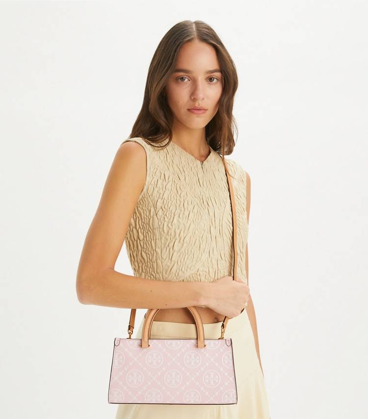 Tory Burch Women Powder Pink T Monogram Contrast Embossed Small East-West Tote Satchels - Image 2