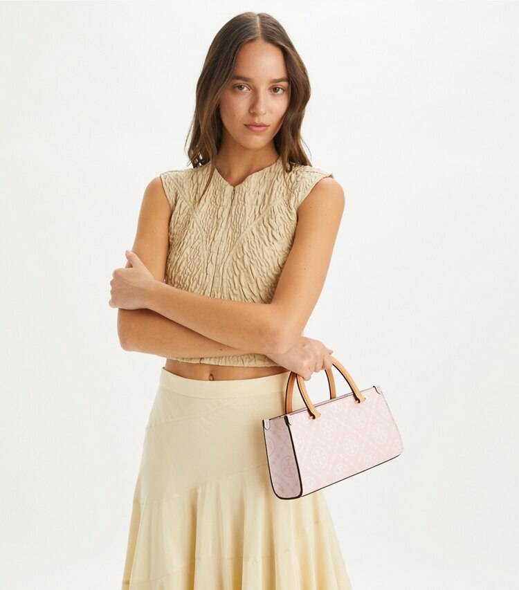 Tory Burch Women Powder Pink T Monogram Contrast Embossed Small East-West Tote Satchels - Image 3