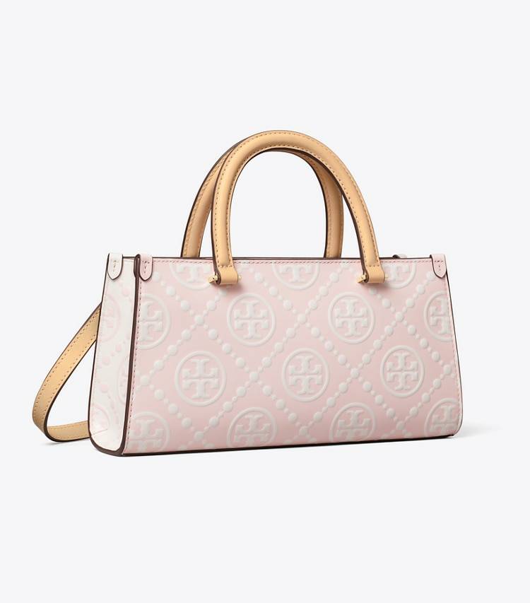 Tory Burch Women Powder Pink T Monogram Contrast Embossed Small East-West Tote Satchels