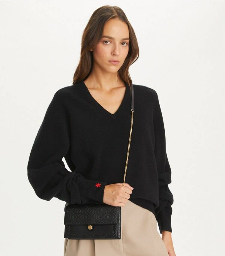Women Black Tory Burch Mini Bags T Monogram Leather Chain Wallet - Image 2