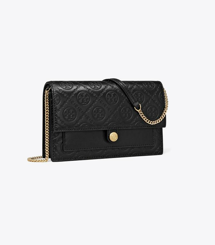 Women Black Tory Burch Mini Bags T Monogram Leather Chain Wallet