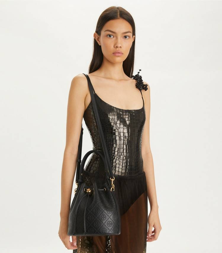Women Crossbody Bags Black T Monogram Leather Bucket Bag Tory Burch - Image 2