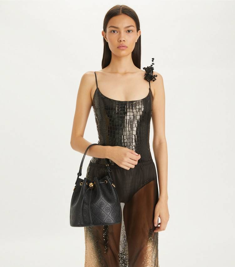 Women Crossbody Bags Black T Monogram Leather Bucket Bag Tory Burch - Image 3