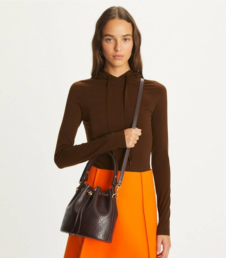 Women Crossbody Bags Deep Maroon Tory Burch T Monogram Leather Bucket Bag - Image 2
