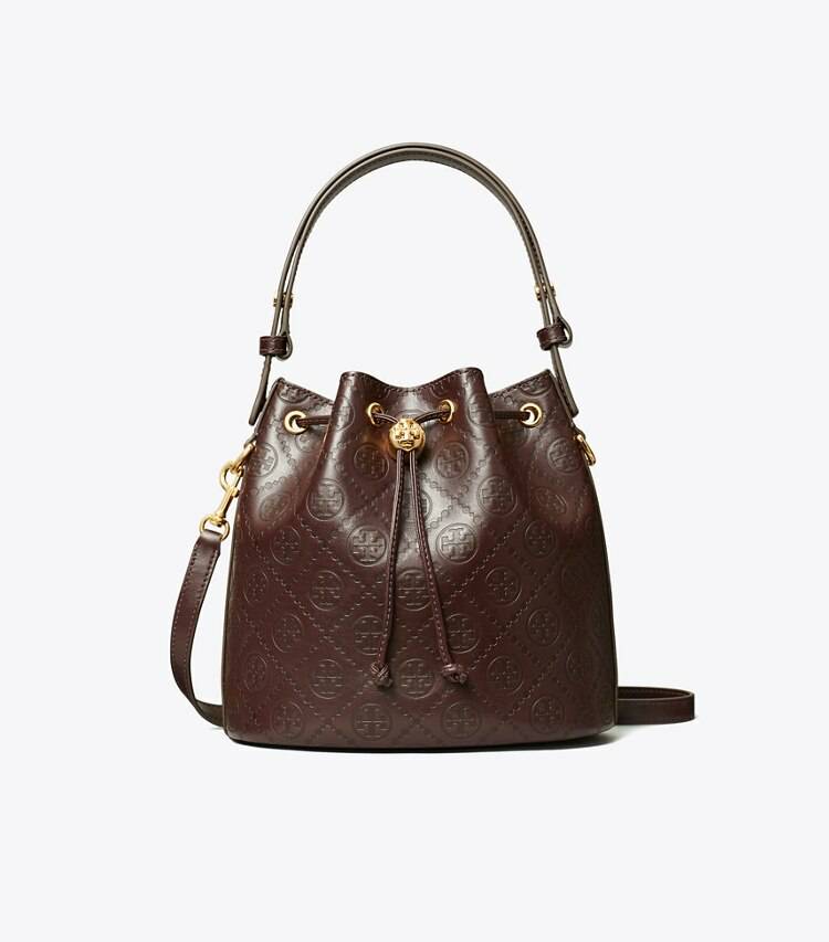 Women Crossbody Bags Deep Maroon Tory Burch T Monogram Leather Bucket Bag - Image 3