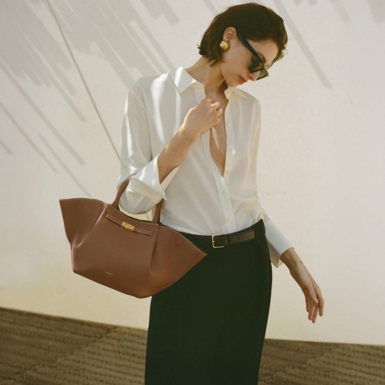 Women Demellier The Midi New York Tan Small Grain Ecru Stitching Crossbody Bags - Image 2