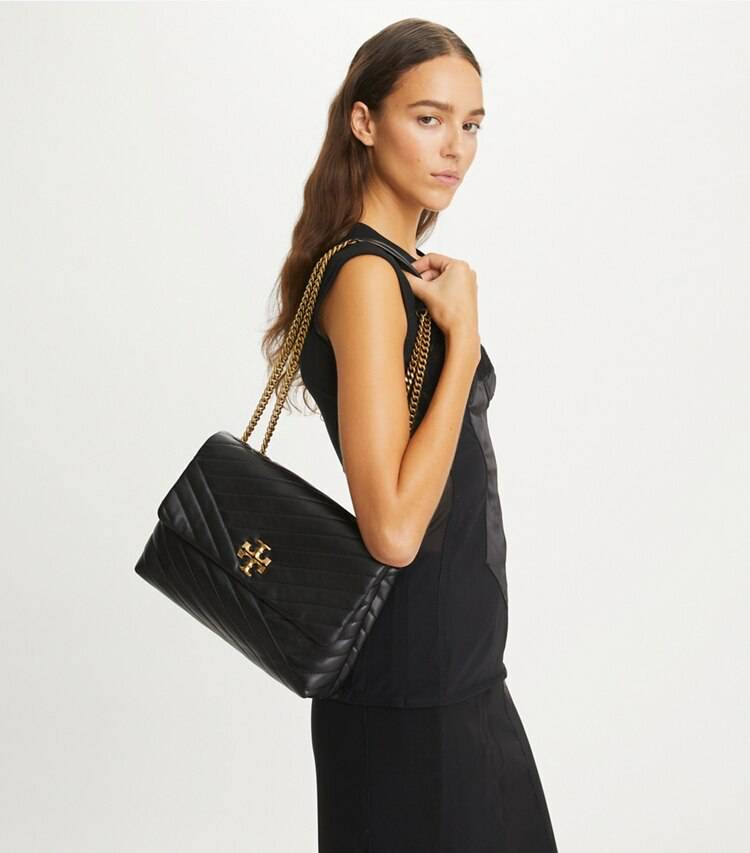 Women Kira Chevron Convertible Shoulder Bag Tory Burch Shoulder Bags Black / Rolled Brass - Image 2
