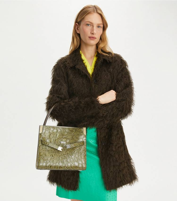 Women Satchels Tory Burch Small Lee Radziwill Croc-Embossed Double Bag Soft Ivy - Image 2