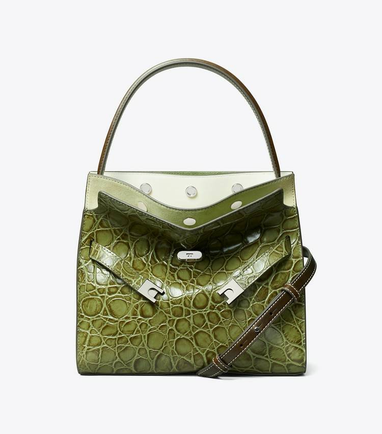 Women Satchels Tory Burch Small Lee Radziwill Croc-Embossed Double Bag Soft Ivy - Image 3