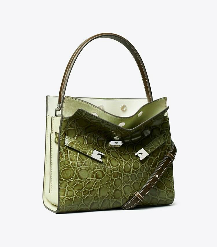 Women Satchels Tory Burch Small Lee Radziwill Croc-Embossed Double Bag Soft Ivy