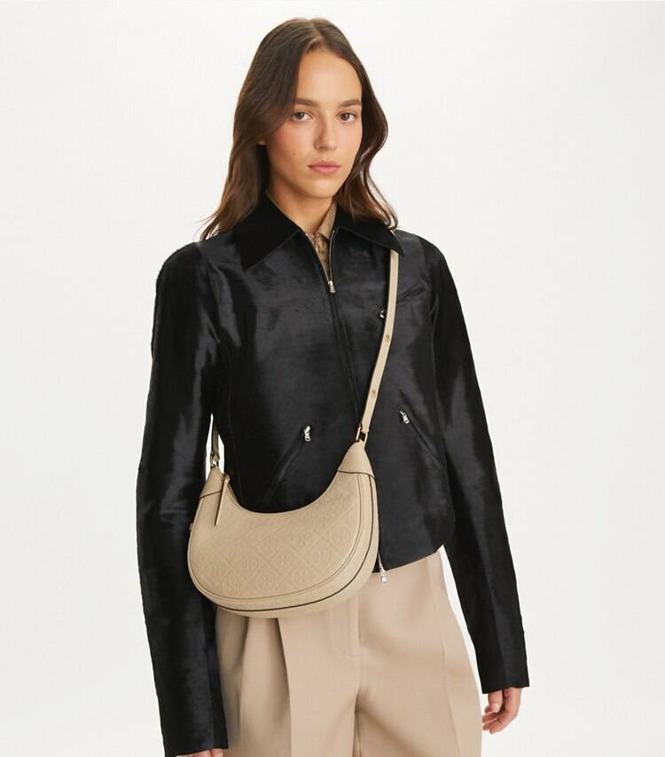 Women T Monogram Leather Crescent Bag Shoulder Bags Fresh Clay Tory Burch - Image 3