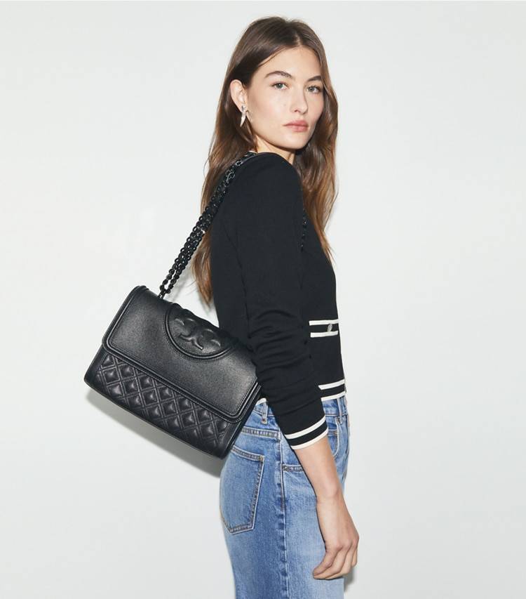 Women Tory Burch Black/Black Shoulder Bags Fleming Polished-Grain Convertible Shoulder Bag - Image 3