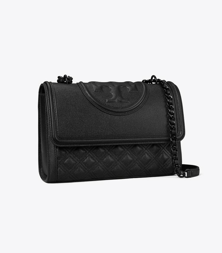 Women Tory Burch Black/Black Shoulder Bags Fleming Polished-Grain Convertible Shoulder Bag