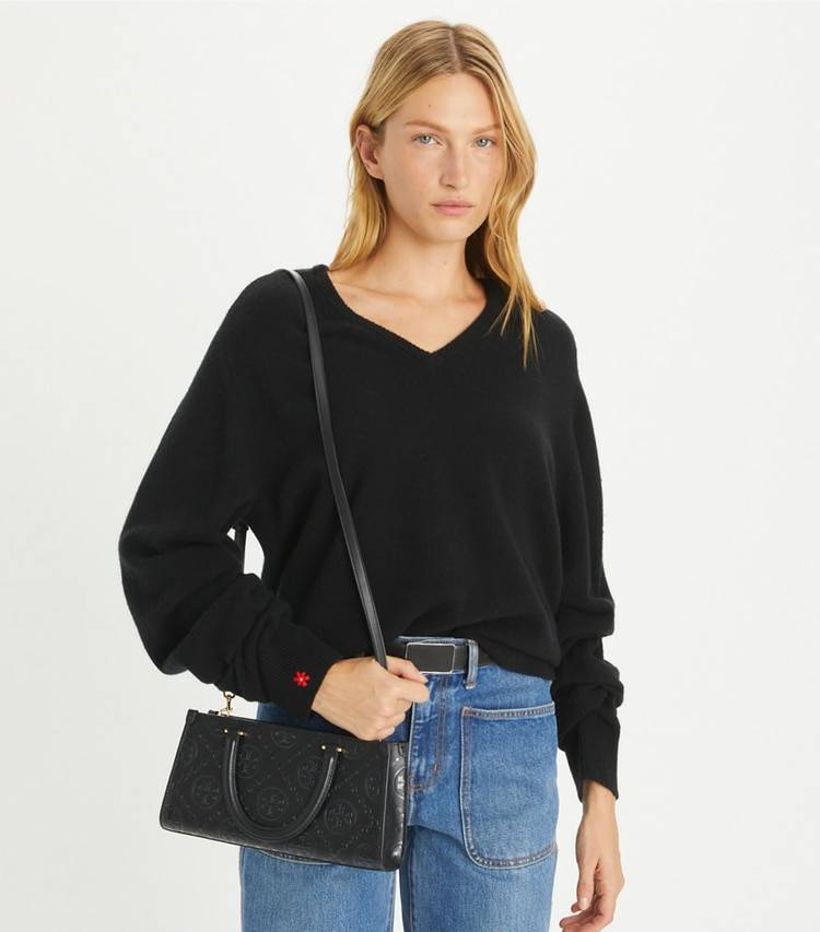Women Tory Burch Black T Monogram Embossed Small East-West Tote Satchels - Image 2