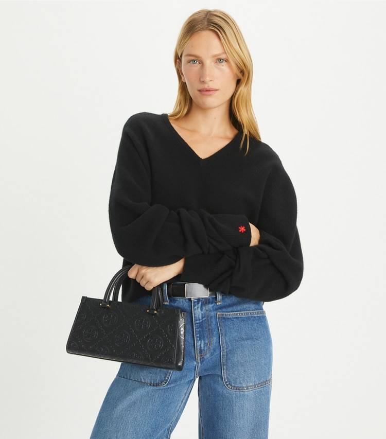 Women Tory Burch Black T Monogram Embossed Small East-West Tote Satchels - Image 3