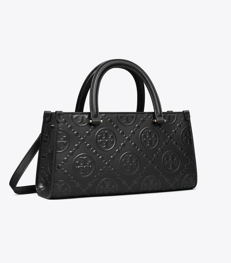 Women Tory Burch Black T Monogram Embossed Small East-West Tote Satchels
