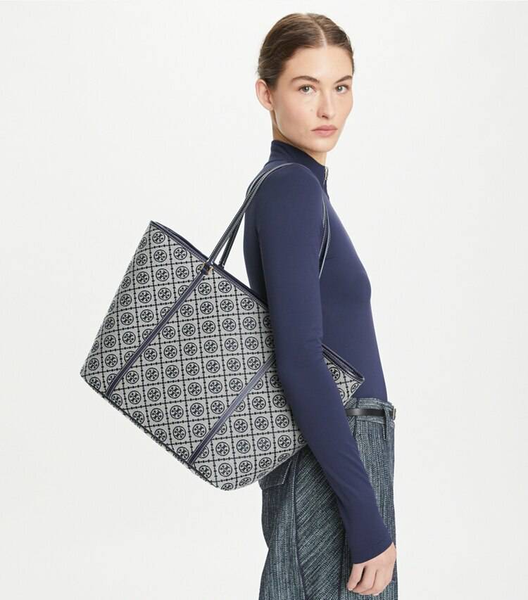 Women Tote Bags Tory Navy Tory Burch T Monogram Zip Tote - Image 2