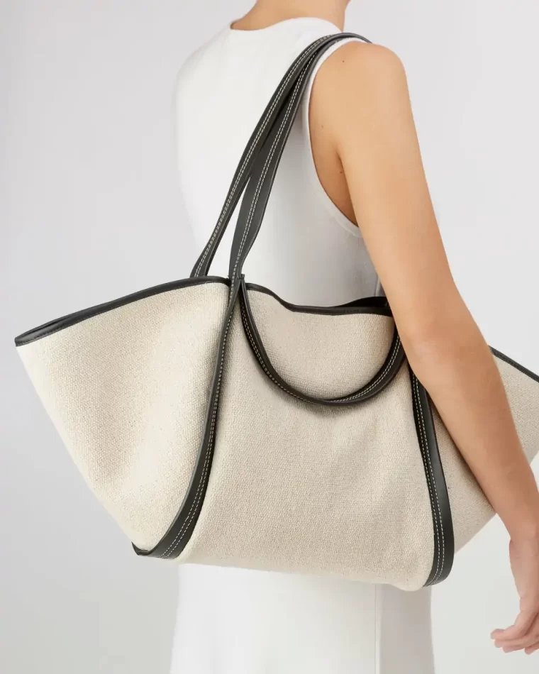 Beige Black Women Tote Bags Cuber - Leather-Trimmed Canvas Basket Hereu - Image 2