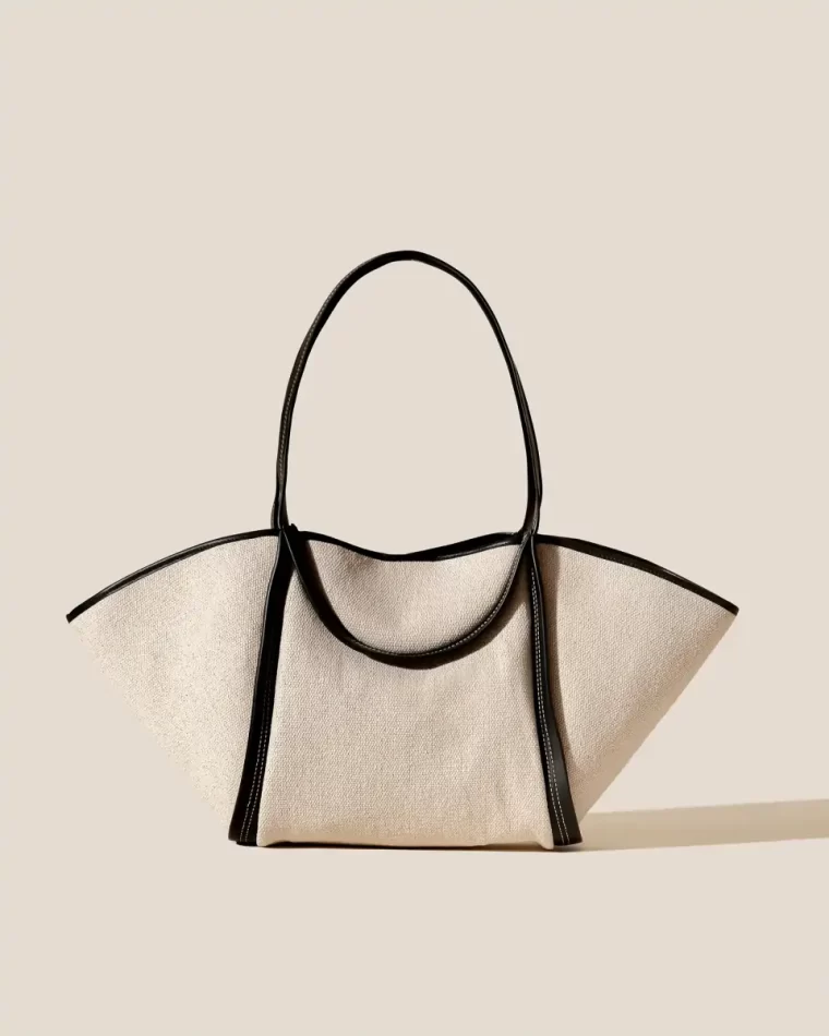 Beige Black Women Tote Bags Cuber - Leather-Trimmed Canvas Basket Hereu